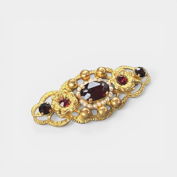Vintage Czech Garnet Glass Brooch Seed Pearl Filigree Bar Pin Bohemian Jewelry - Picture 5 of 7